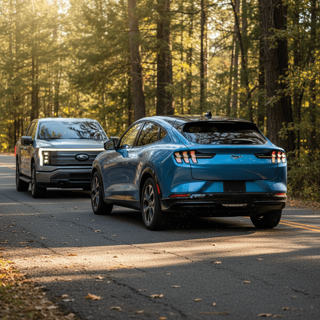 Ford Mustang Mach‑E electric SUV driving in an urban setting