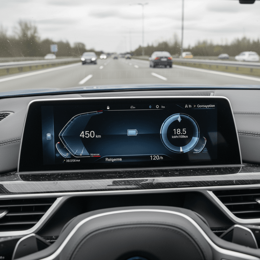 BMW i7 digital cluster showing remaining range and consumption during a highway drive