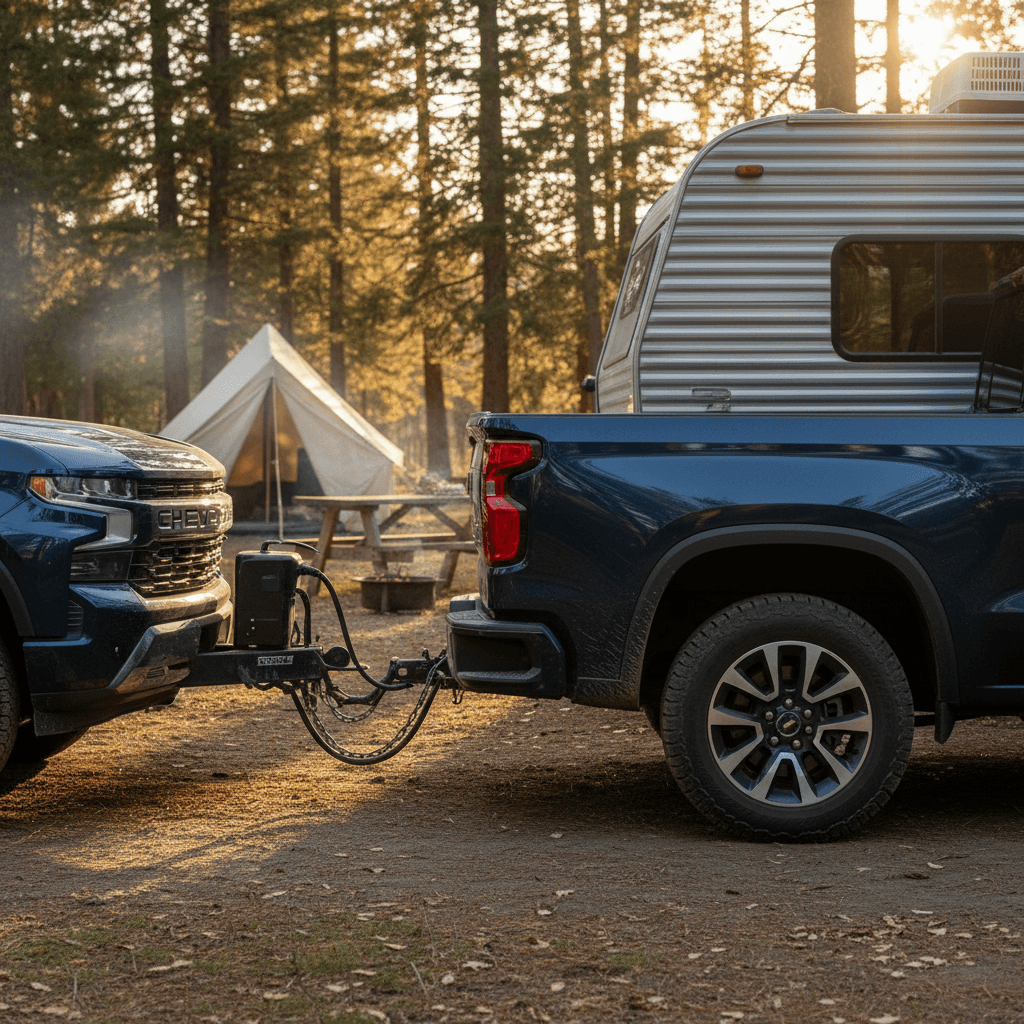 Chevrolet Silverado EV towing a mid-size travel trailer at a campground, illustrating real-world towing use case