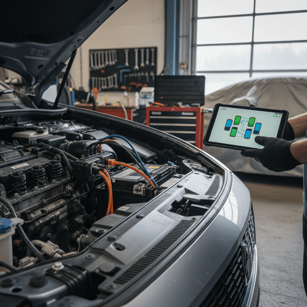 Close-up view of an electric vehicle battery pack and cooling lines