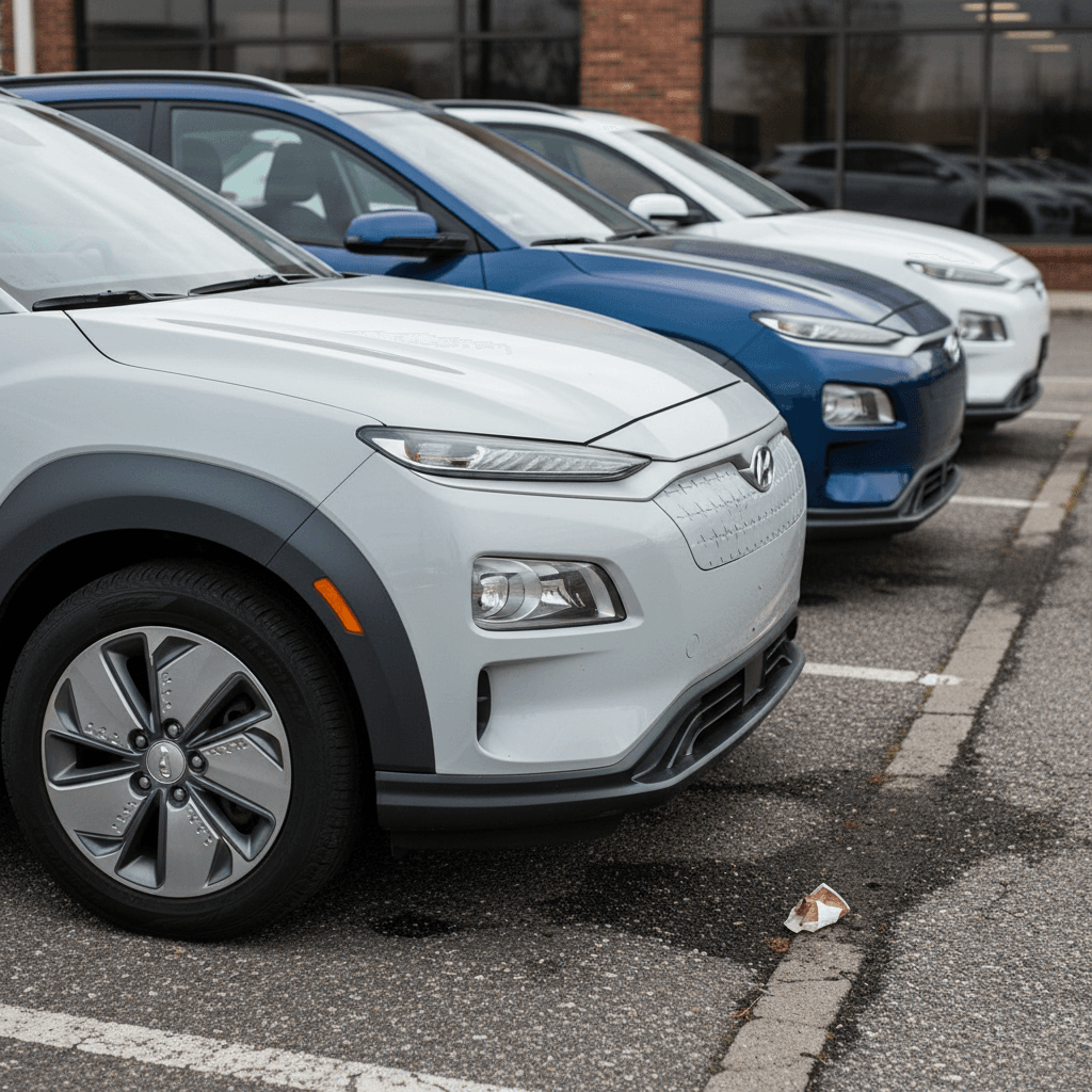 Lineup of used Hyundai Kona Electric SUVs parked on a dealership lot, illustrating different ages and trims