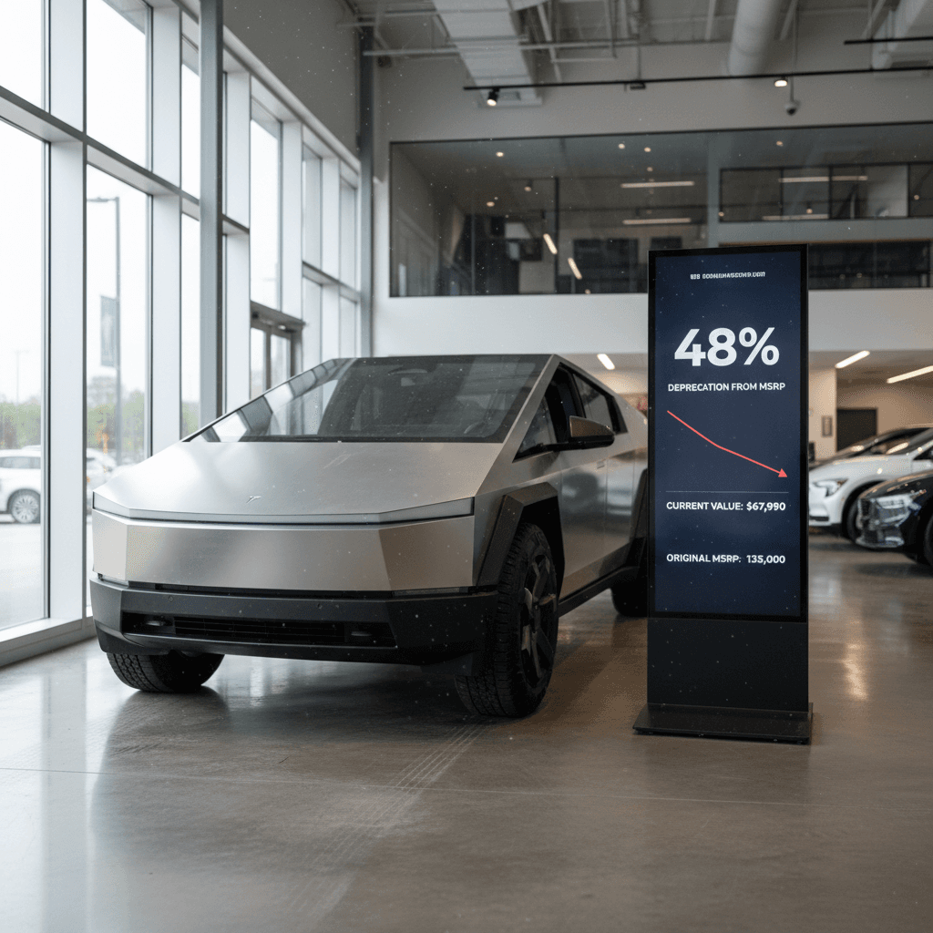 Used Tesla Cybertruck displayed indoors with digital signage showing pricing and vehicle details