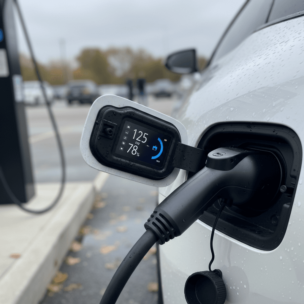 Electric vehicle connected to a DC fast charger showing charging power and time remaining on the screen