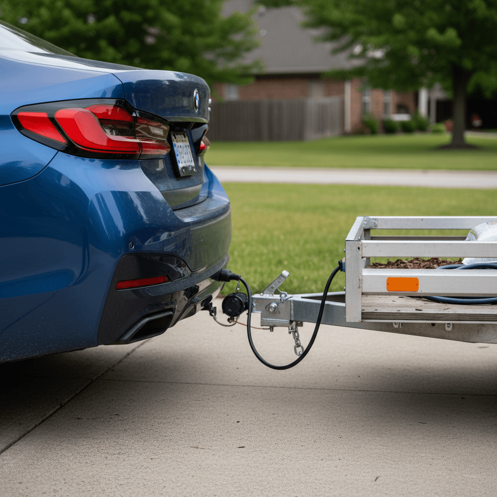 Electric BMW i5 with a detachable tow hitch connected to a small trailer in a residential driveway