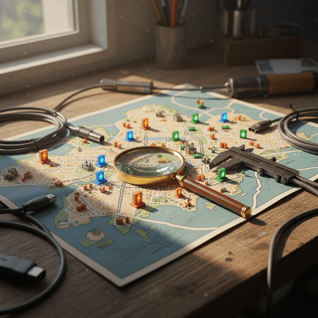 Map-style illustration highlighting New York City boroughs and clusters of public EV charging stations, including curbside PlugNYC chargers, municipal garages, and DC fast-charging hubs.