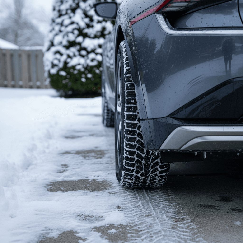 Kia EV6 on winter tires parked in a snowy driveway, showing tire tread and ground clearance