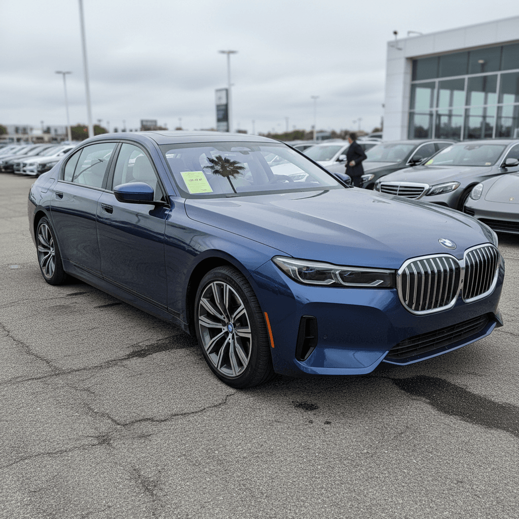 Used BMW i7 electric sedan parked on dealer lot with pricing sticker on windshield