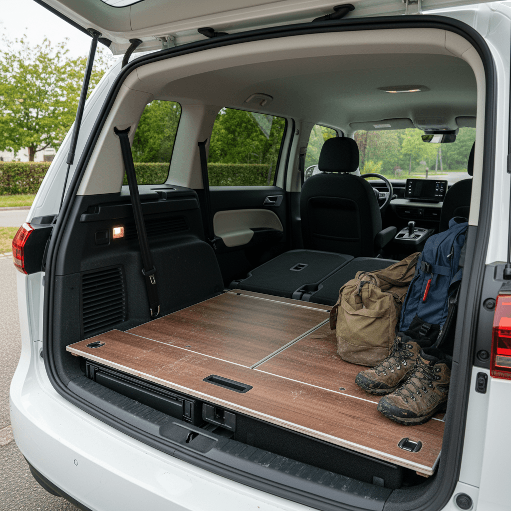 Volkswagen ID. Buzz viewed from rear with second and third row seats folded flat to create large cargo floor