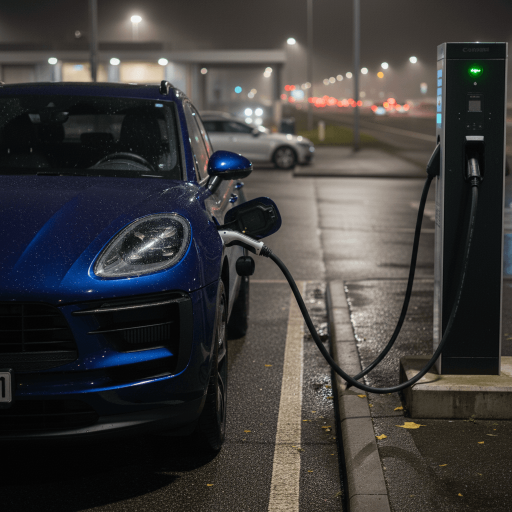 Porsche Macan Electric charging at a highway fast-charging station at night