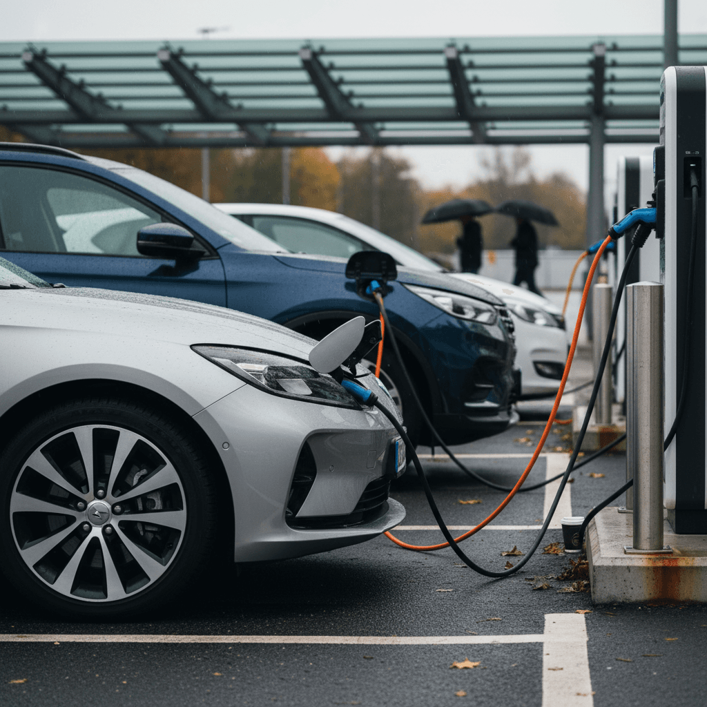 Several electronic cars parked and charging at a modern public charging station