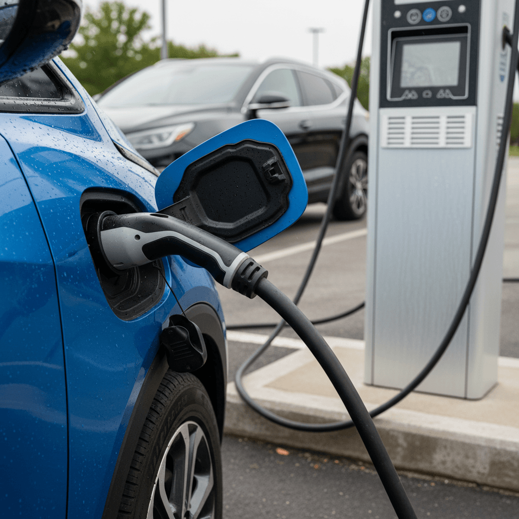 2023 Chevy Bolt EV in a dealership lot, highlighting its compact electric hatchback design for used-EV shoppers