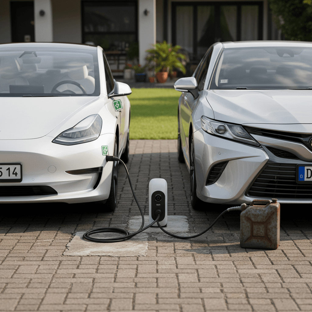 White Tesla Model 3 and silver Toyota Camry parked side by side in a suburban driveway, highlighting styling and powertrain differences