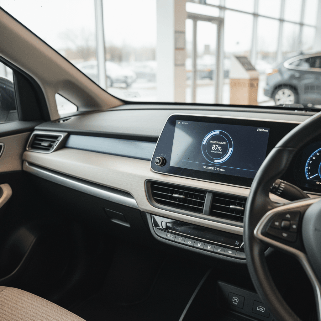 Sales consultant reviewing battery health and range data on the touchscreen of a used electric car with a shopper