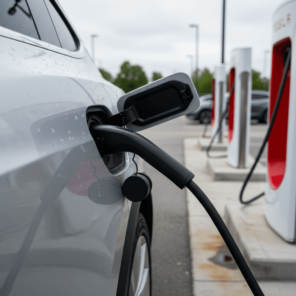 Close‑up of a Tesla Model X plugged into a Supercharger showing the charging connector and charge port