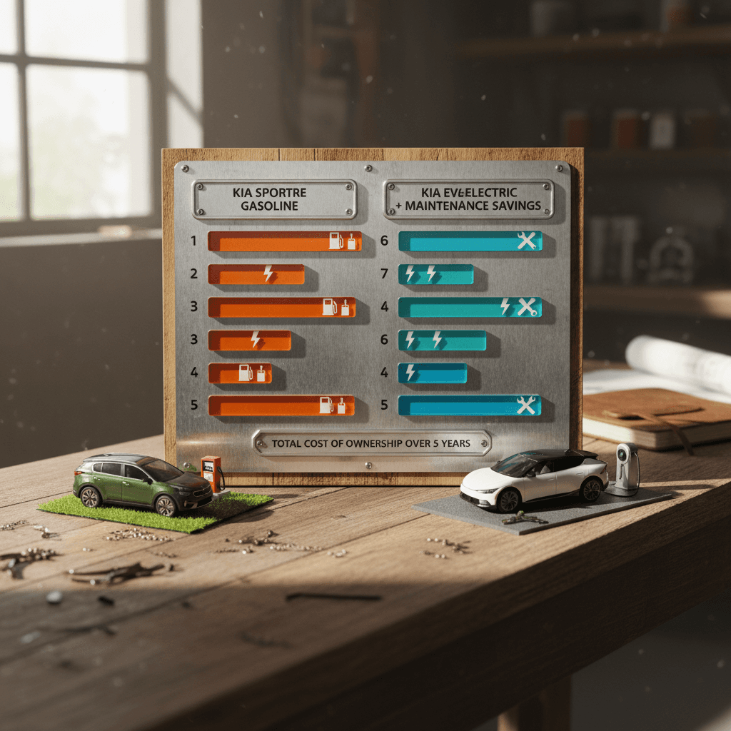 Side-by-side comparison graphic showing annual fuel cost for a Kia Sportage versus annual electricity and maintenance cost for a Kia EV6 over five years