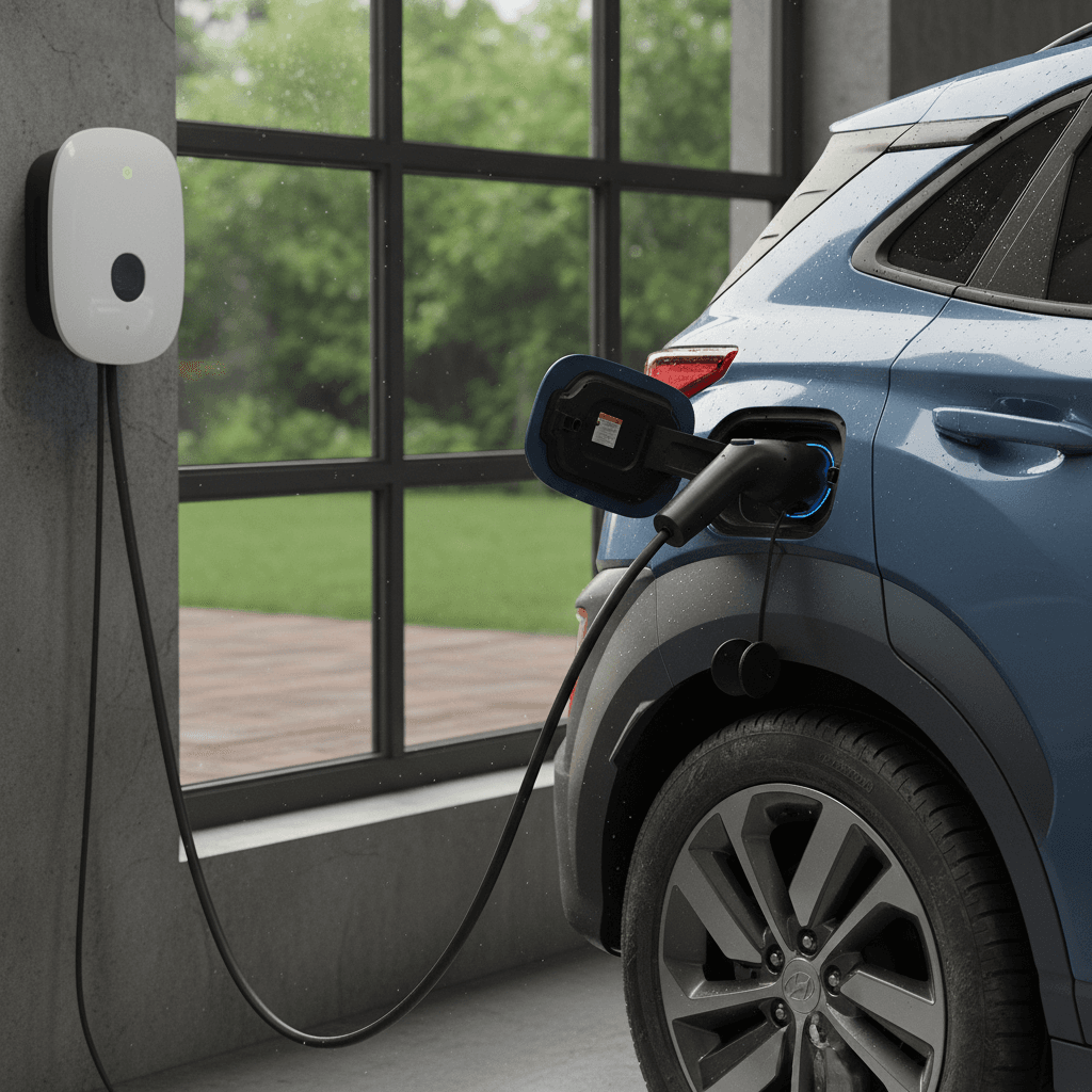 Charge port of a 2023 Hyundai Kona Electric connected to a home wall charger, illustrating practical daily charging for owners