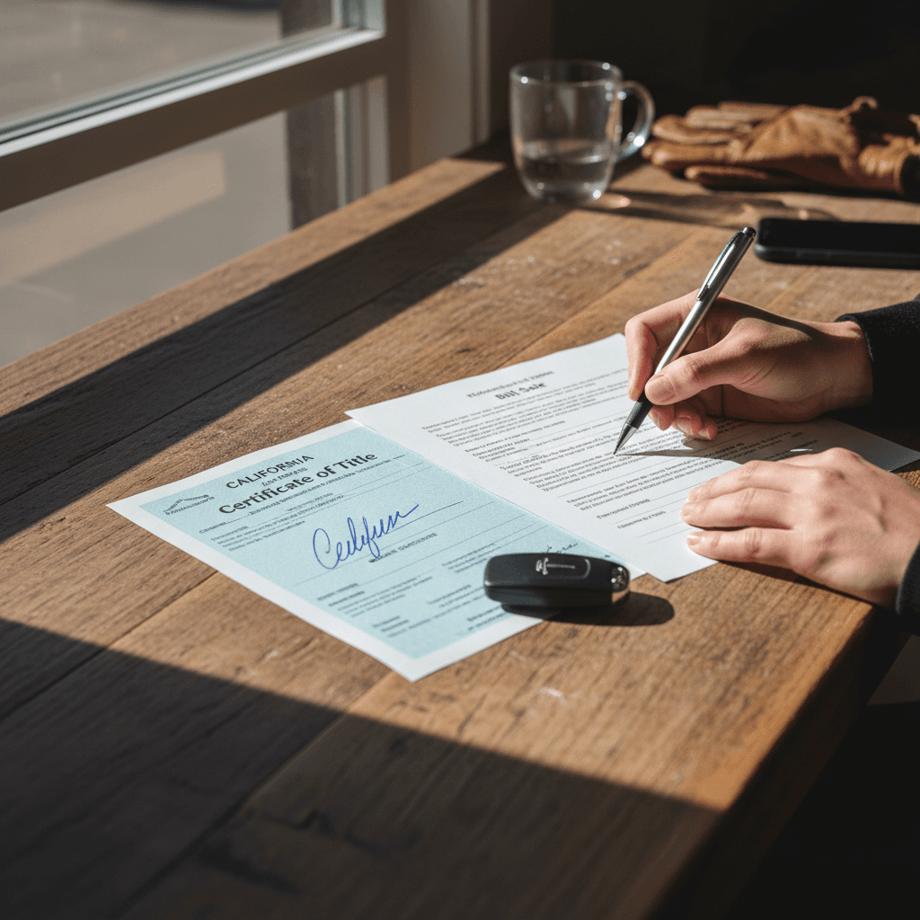 Person signing an electric vehicle title and bill of sale documents on a desk with car key fob nearby