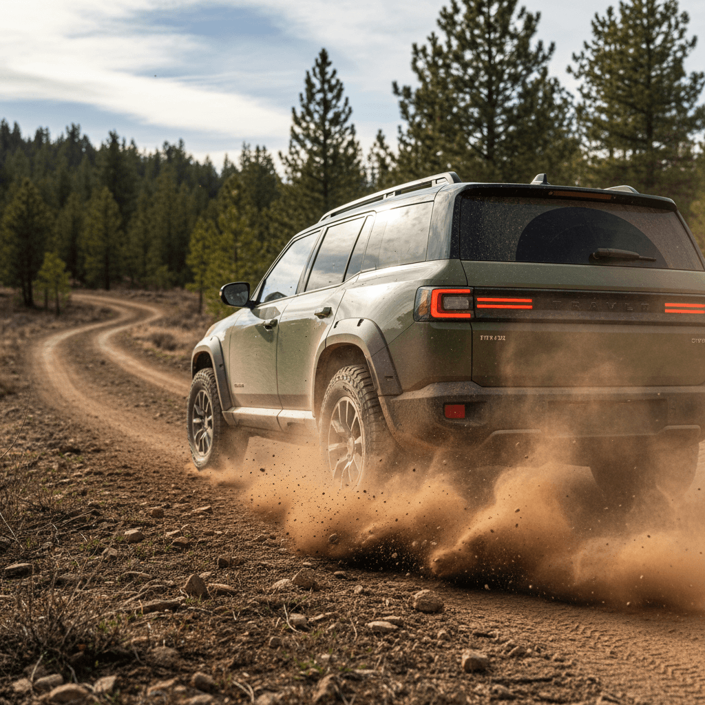Prototype-style electric SUV driving fast on a dusty off-road trail