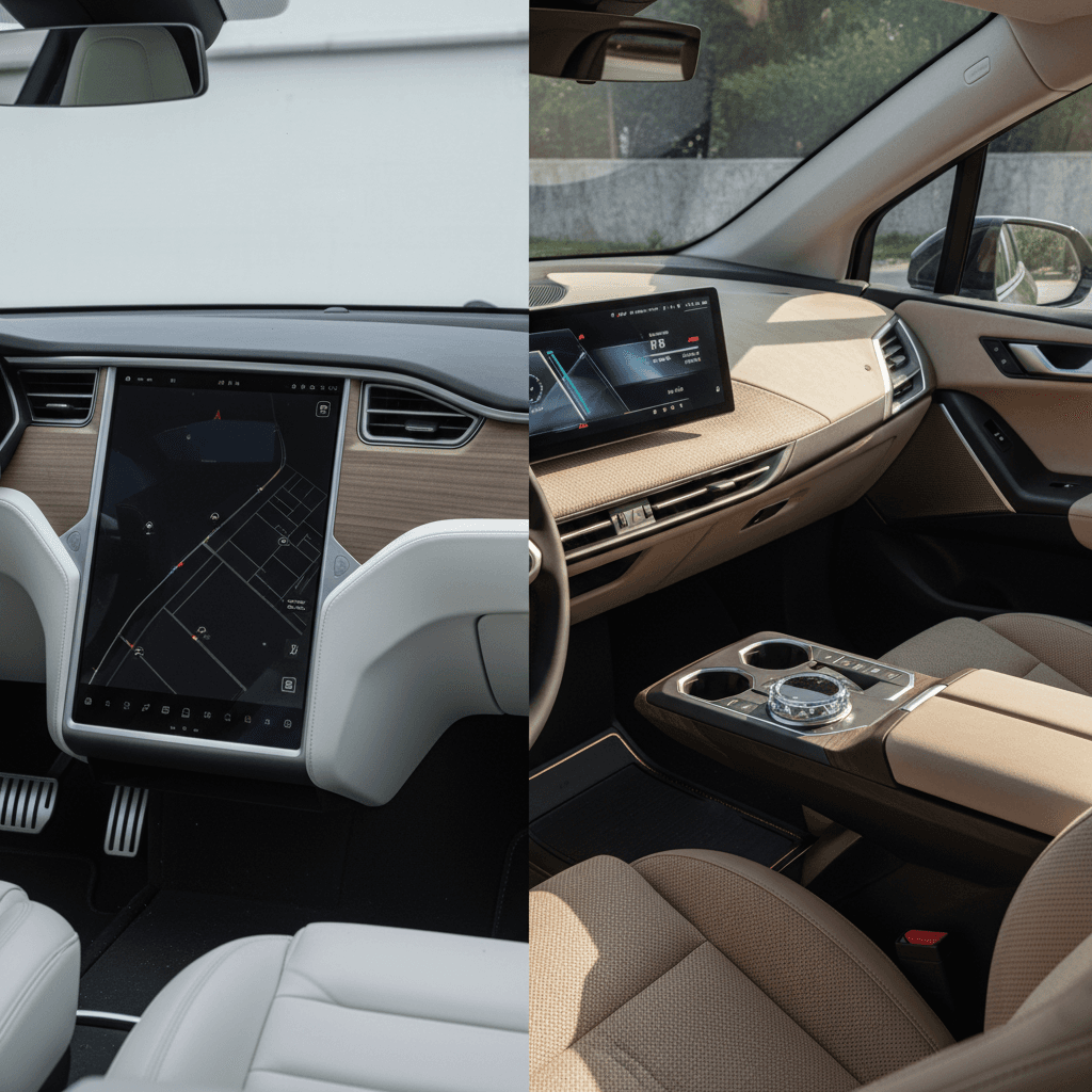 Side-by-side view of Tesla Model X minimalist interior and Mercedes EQS SUV Hyperscreen luxury cabin