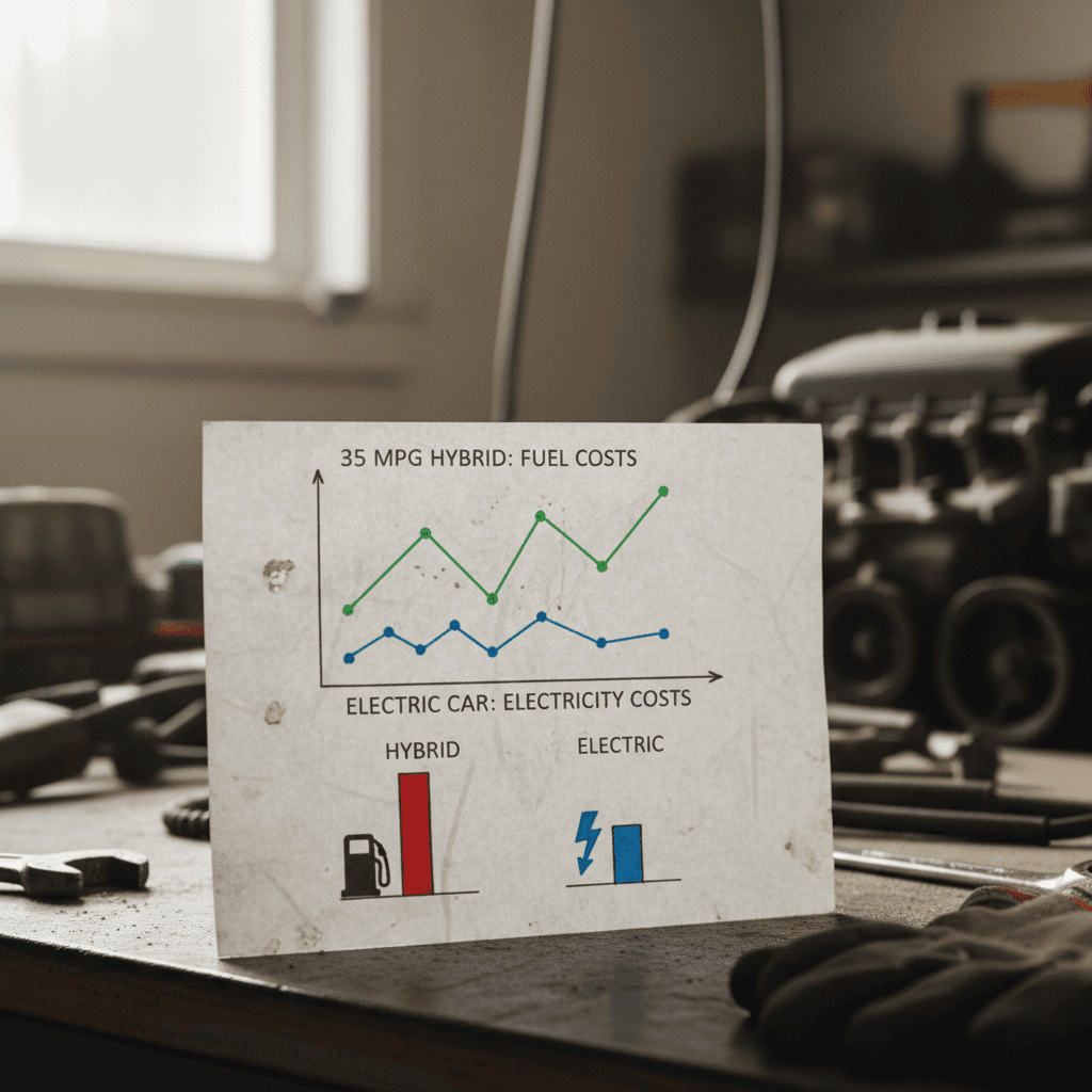 Side-by-side chart comparing annual fuel cost of a 35 mpg hybrid and an electric car at different mileage levels