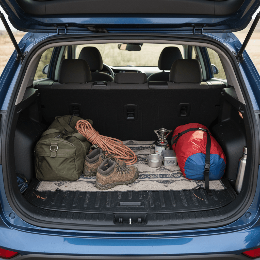 Hyundai Kona Electric rear cargo area with rear seats folded flat, showing luggage laid out from hatch to front seats