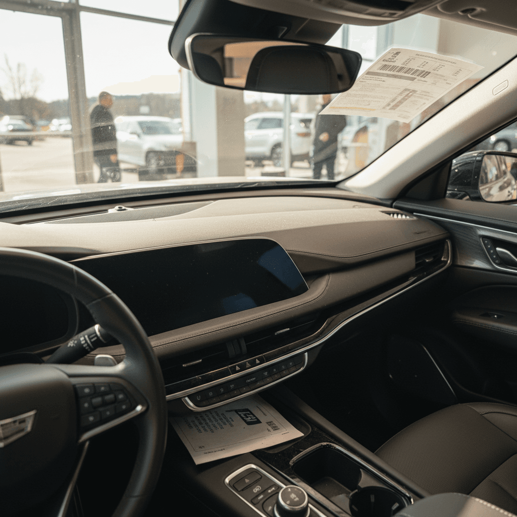 Used Cadillac Lyriq displayed in a bright showroom with price tag on the windshield