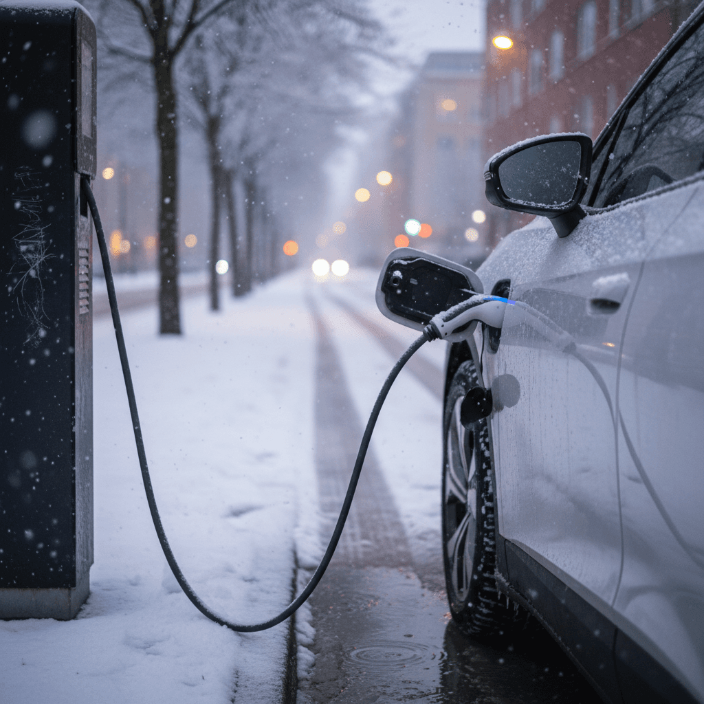 Volkswagen ID.4 connected to a public charger on a snowy city street at dusk