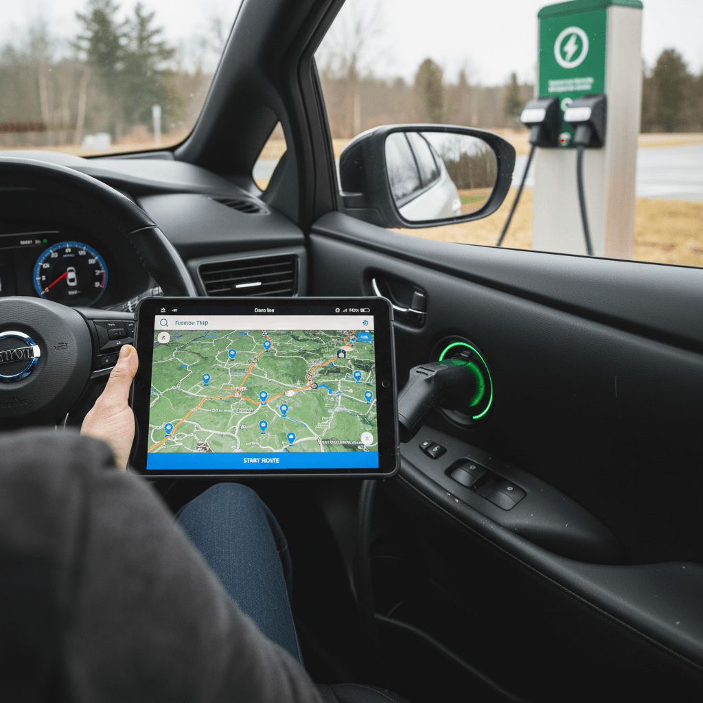 Driver using a tablet to plan a Nissan Leaf road trip route while parked by a public fast charger