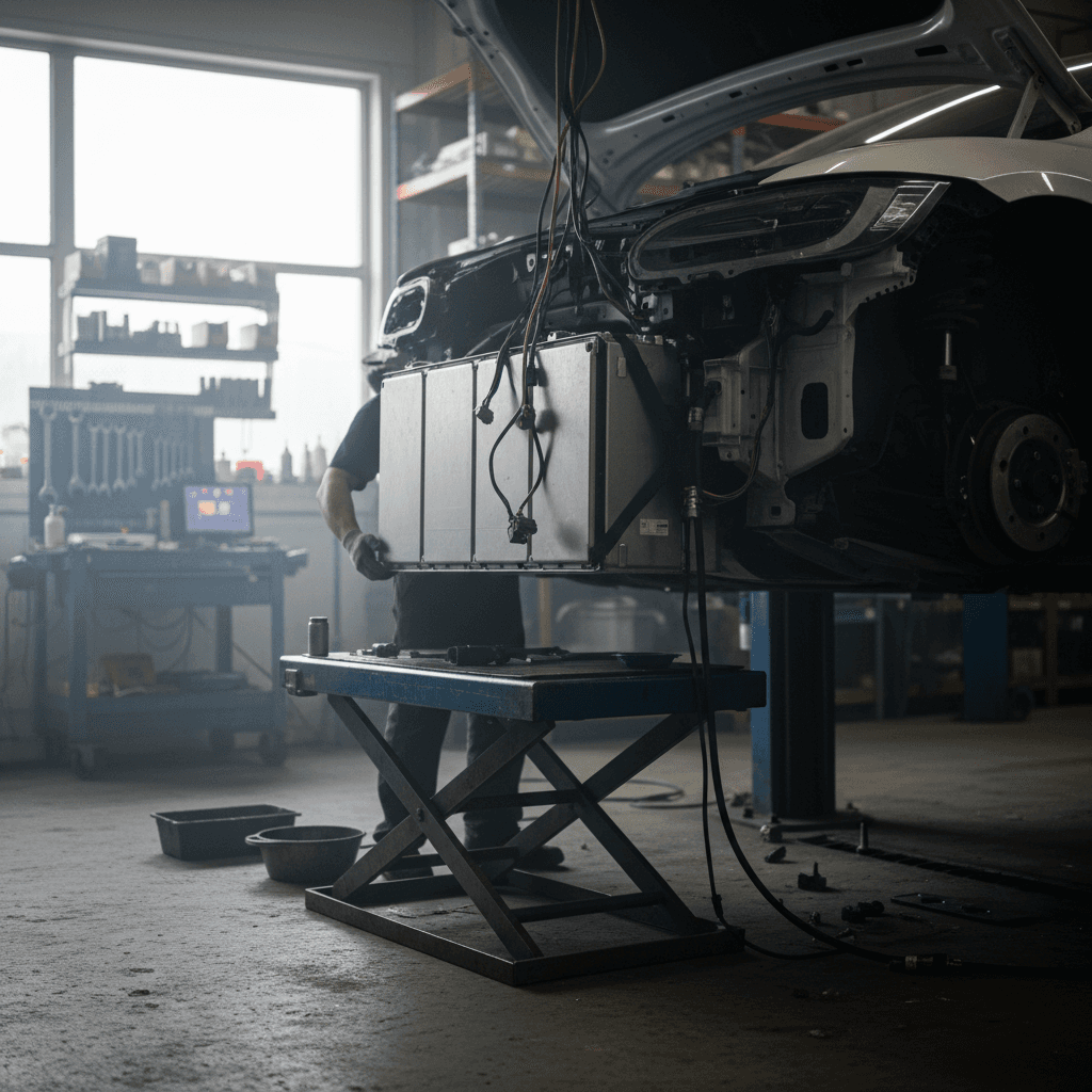 Technician inspecting an electric vehicle battery pack on a lift in a service bay
