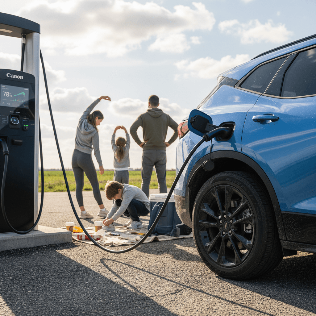 Chevrolet Blazer EV plugged into a DC fast charger at a highway rest stop while passengers stretch their legs