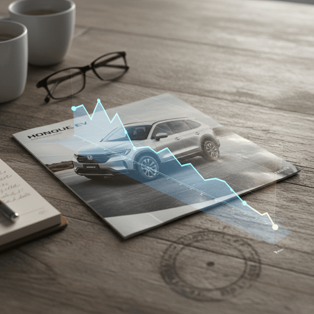 Illustrated 5‑year depreciation curve line graph for a Honda Prologue electric SUV with values dropping sharply in the first three years and flattening after year three