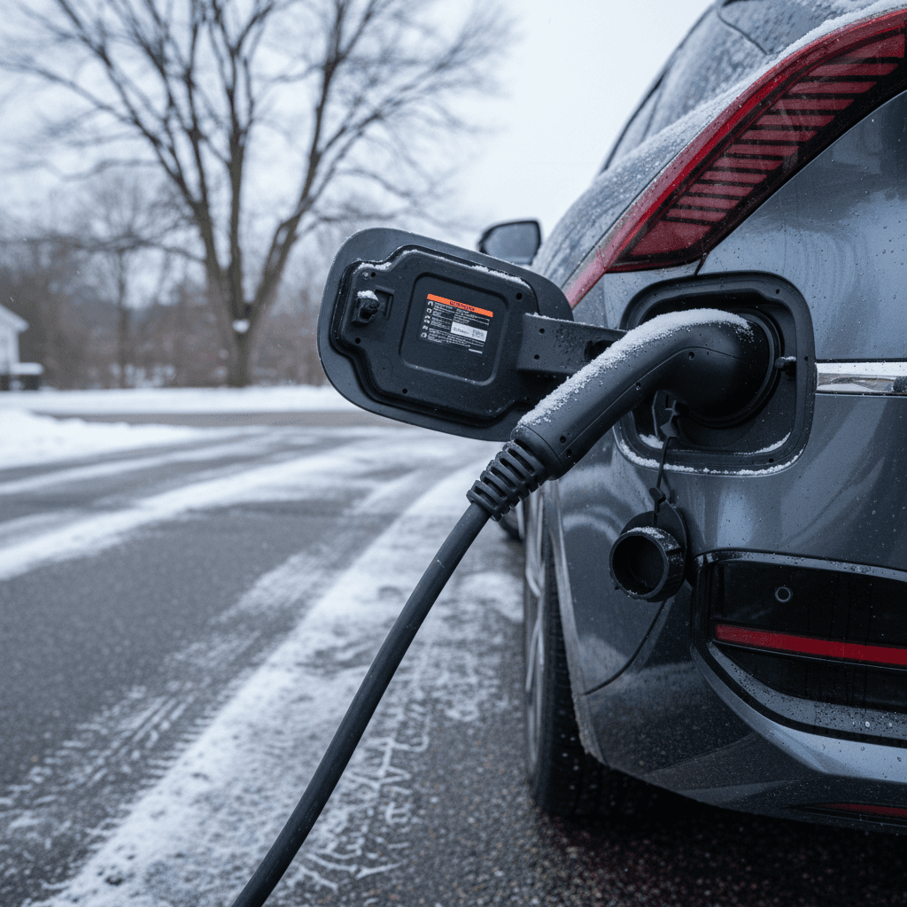 Kia EV6 plugged into a home charger on a snowy driveway, showing charging port and cable in winter conditions