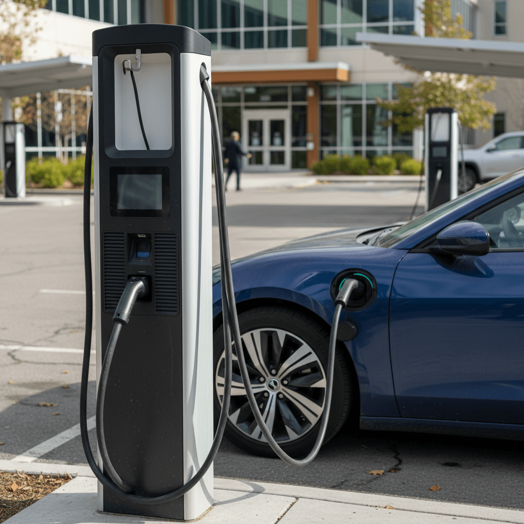 Electric vehicle plugged into a charger in a supermarket parking lot