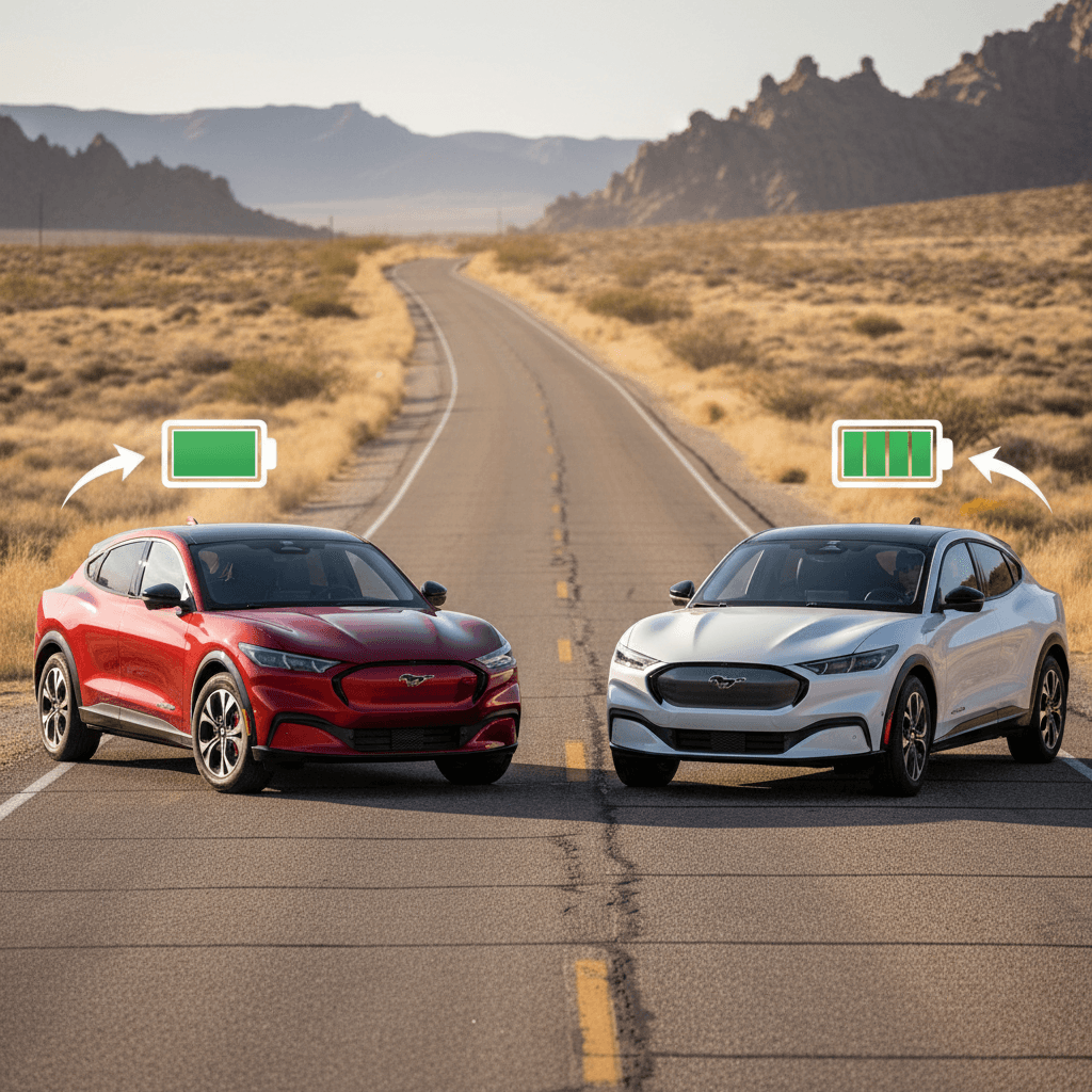 Two Ford Mustang Mach-E SUVs, one Standard Range and one Extended Range, parked side by side on an open road with stylized battery icons above them showing different charge levels.