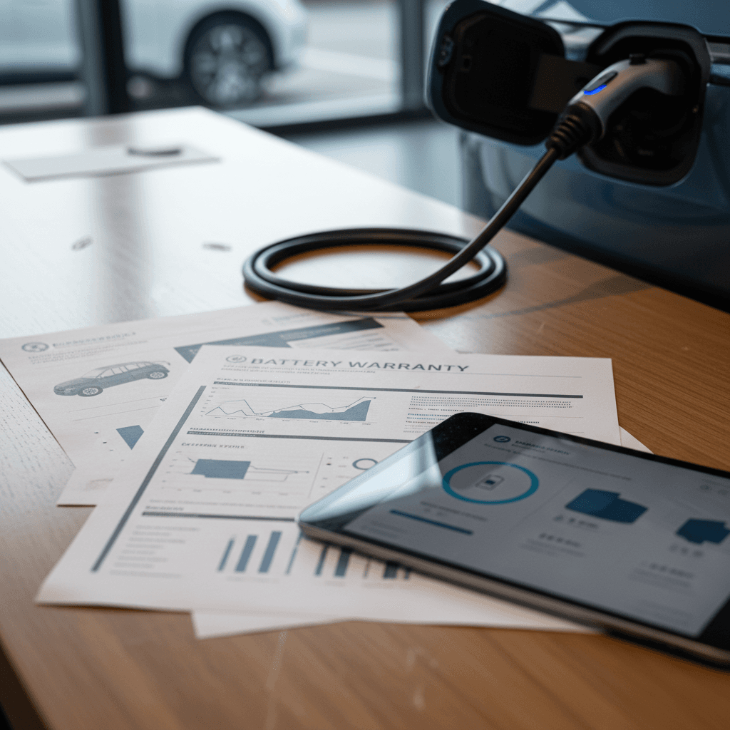 Service advisor reviewing VW ID.4 warranty coverage with an owner next to a charging vehicle