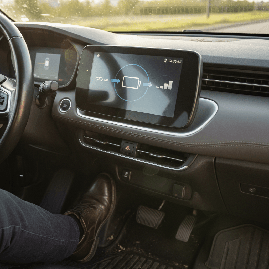 Diagram-style illustration showing energy flowing from wheels back to the battery during regenerative braking