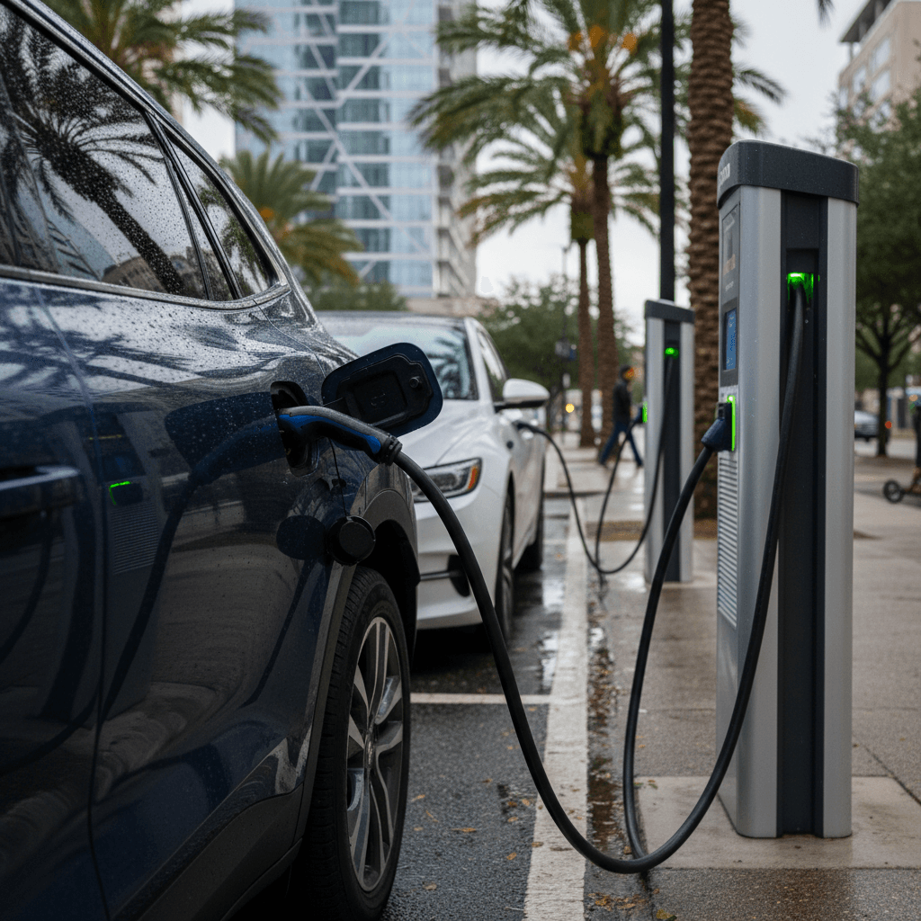 Electric vehicles using DC fast chargers at a modern OUC ReCharge hub in downtown Orlando with surrounding buildings and palm trees.