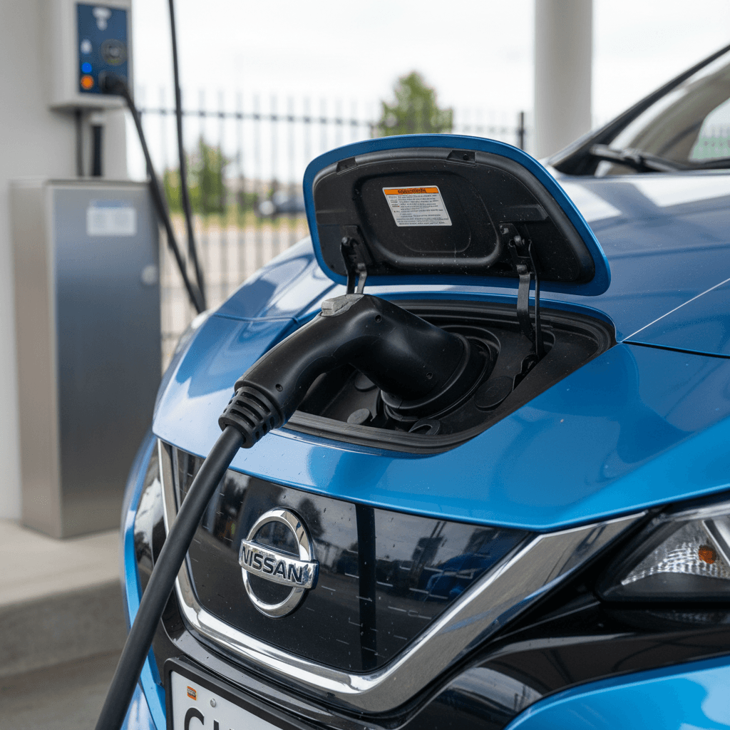 Nissan Leaf plugged into a CHAdeMO DC fast charger at a public charging station