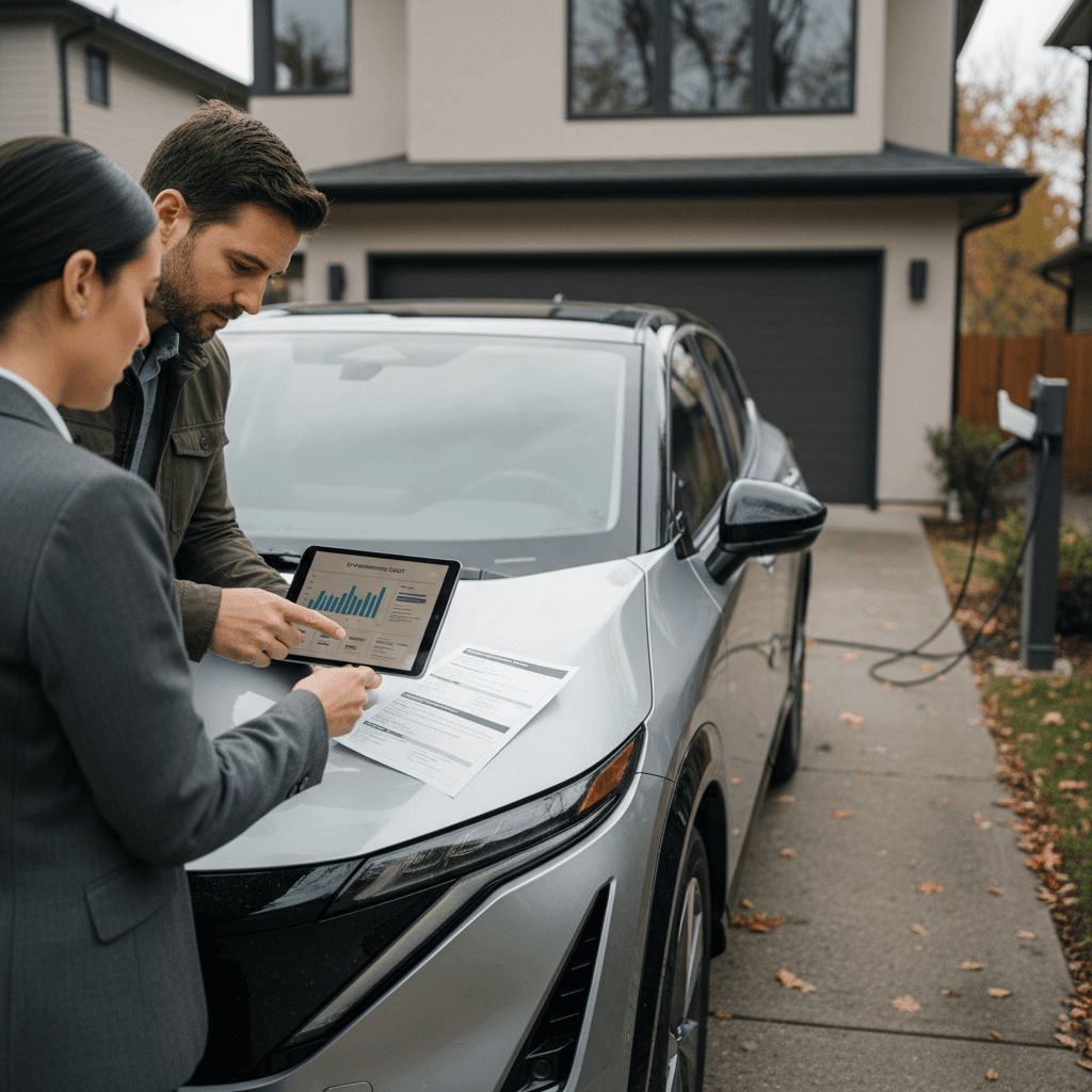 Driver reviewing electric SUV insurance policy and costs with an agent at a desk