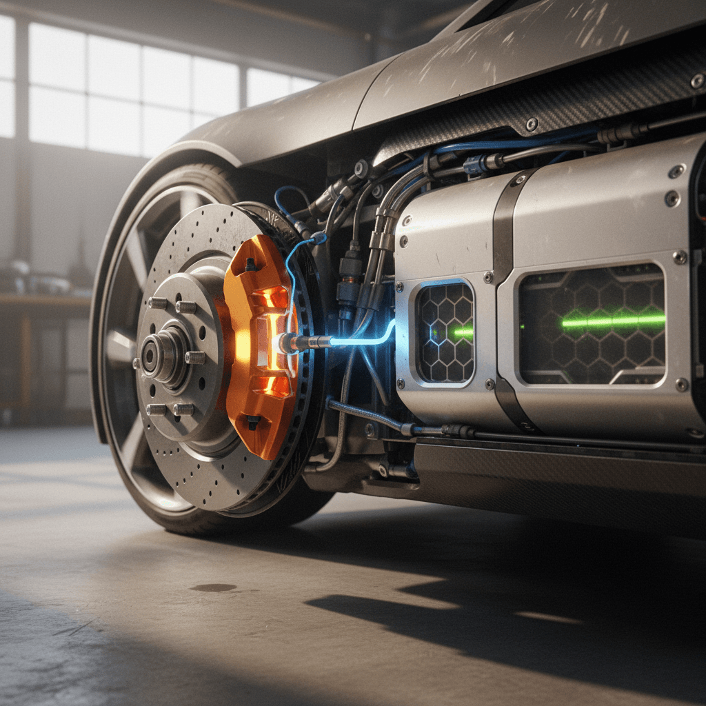 EV dashboard power gauge showing energy flowing back to the battery during regenerative braking