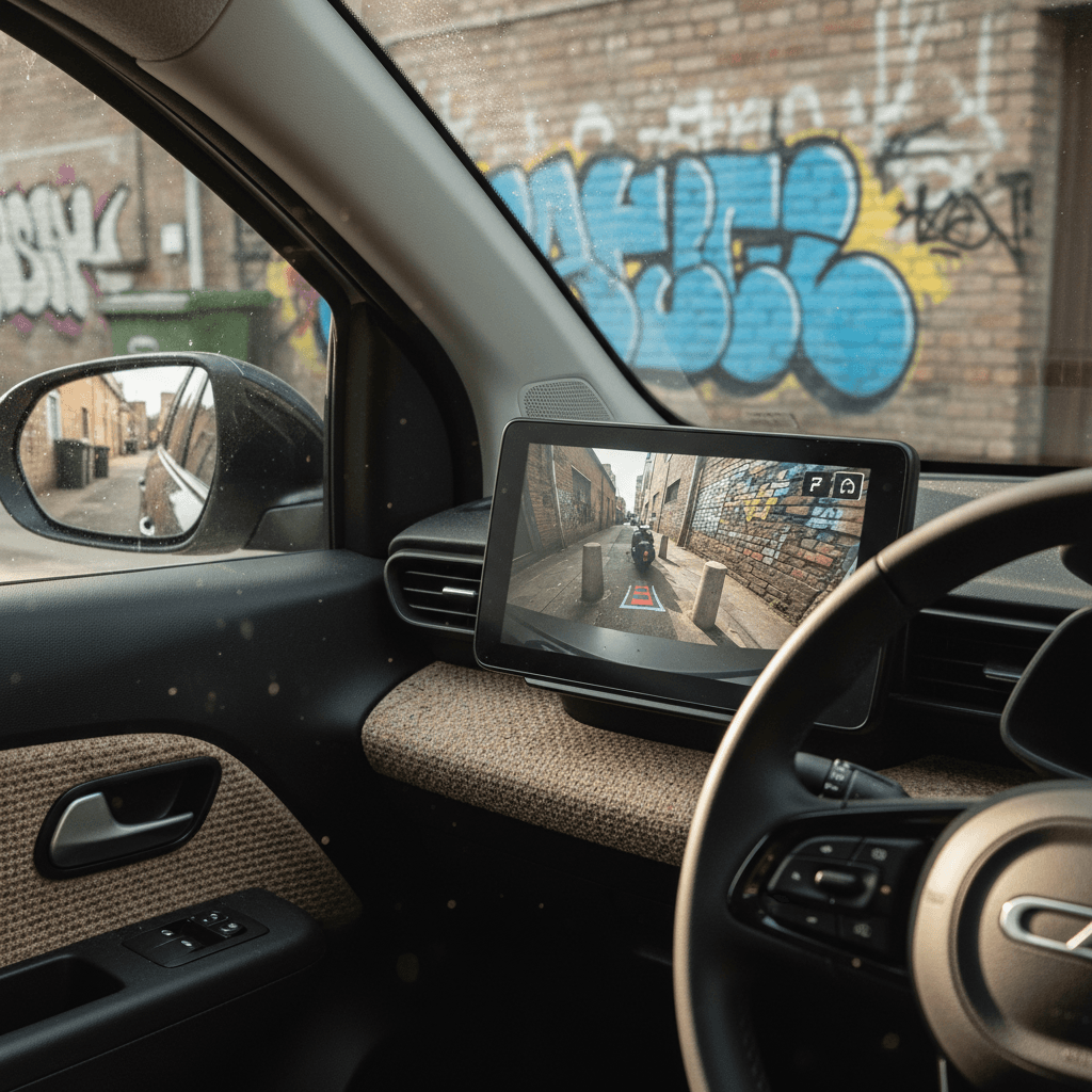 Driver in a small electric car using a surround-view parking camera to fit into a tight city space