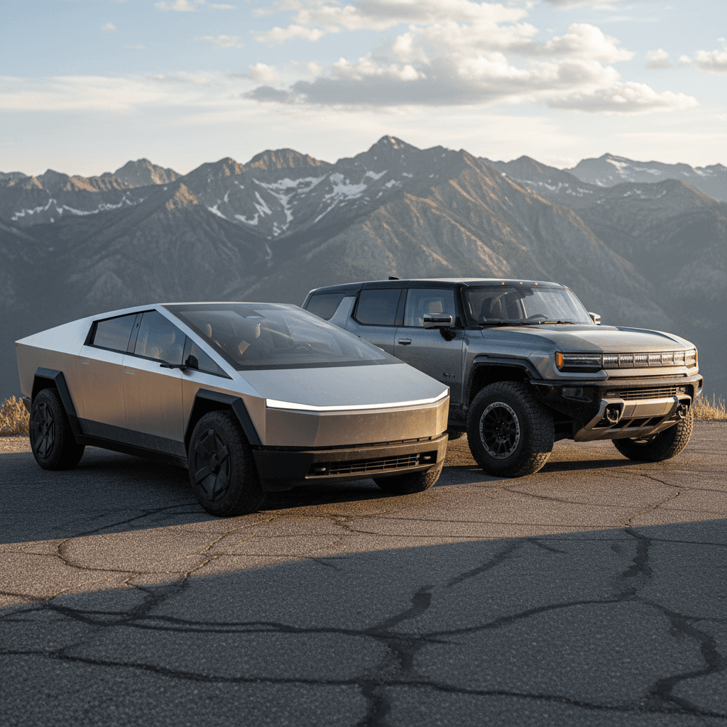 Tesla Cybertruck and GMC Hummer EV parked side by side on a scenic overlook, highlighting their different shapes and sizes