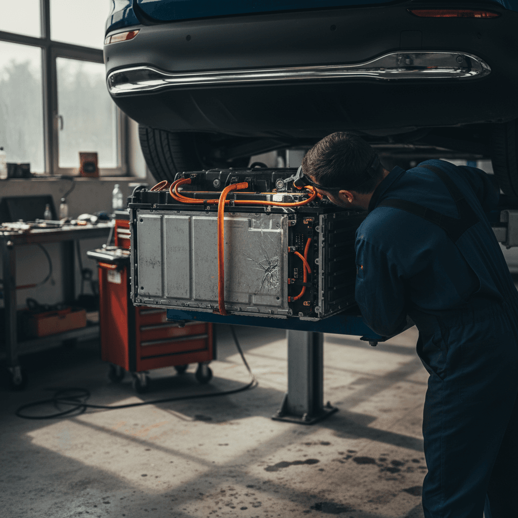 Technician working on a Mercedes EQB high-voltage battery pack on a lift in a dealership service bay