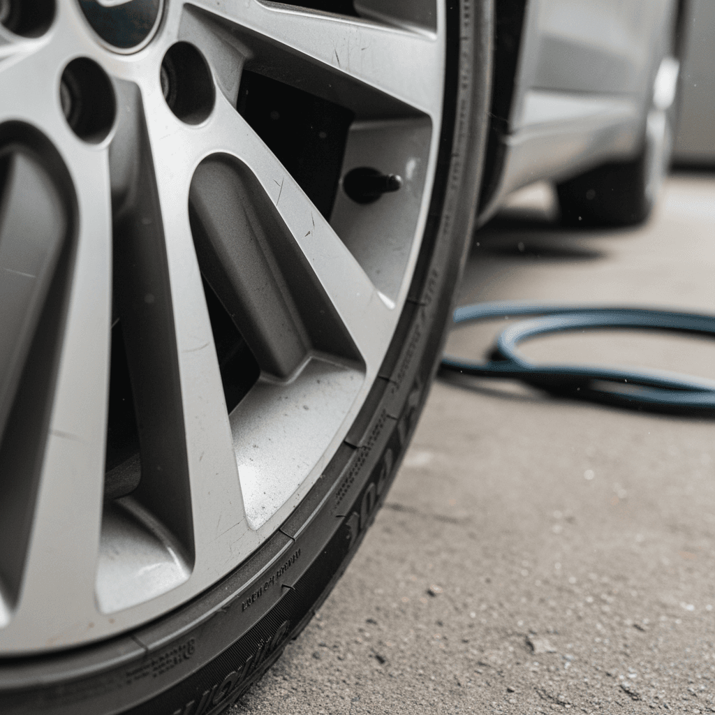 Close-up of an electric vehicle tire showing detailed tread pattern on pavement