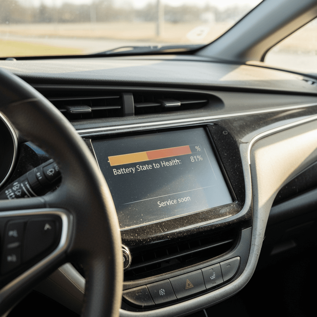 Chevy Bolt EV style digital dashboard showing estimated driving range and battery state of charge