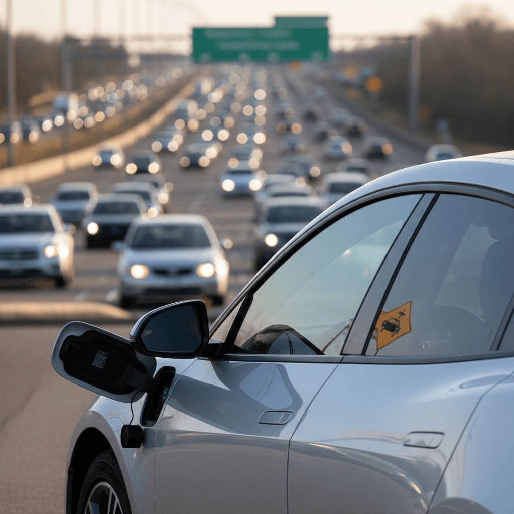 Electric vehicle in New York traffic beside a clearly marked HOV 2+ lane on the Long Island Expressway