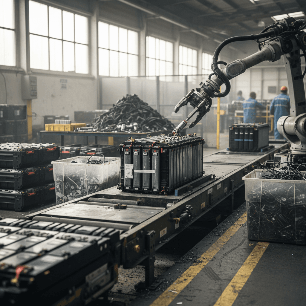 Technicians working around stacked EV battery packs in an industrial recycling and testing facility