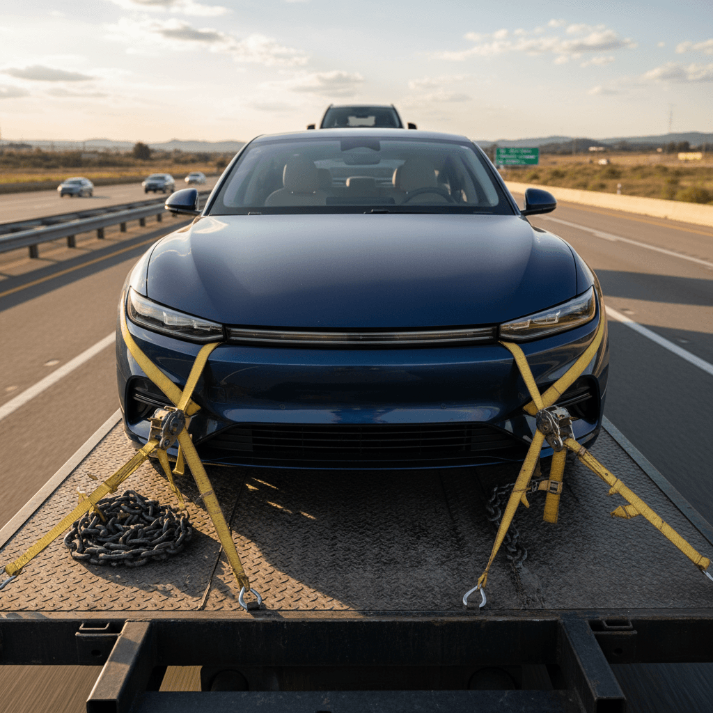 Electric vehicle strapped down on a dual-axle open car hauler ready for a long-distance move