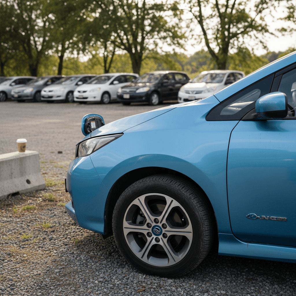 Compact used sedan driving through a city street, representing budget-friendly used cars