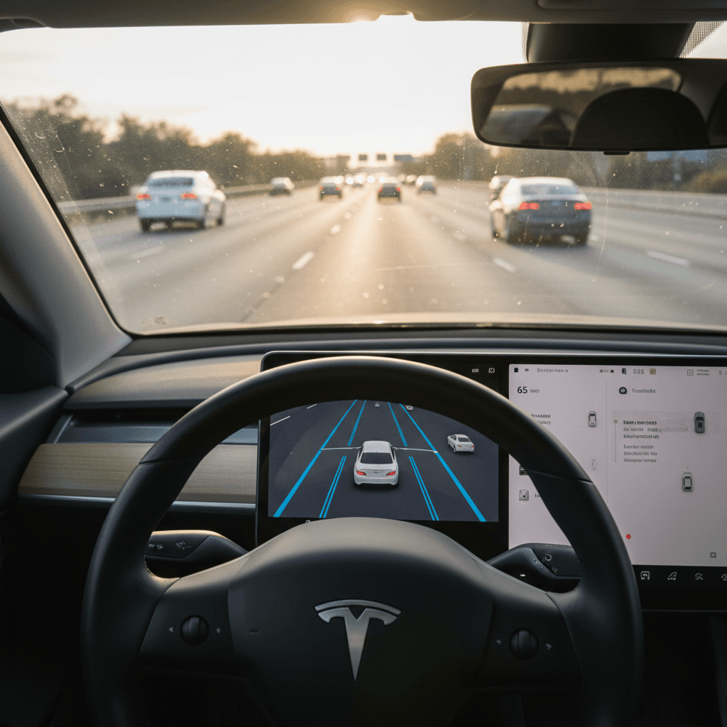 Tesla steering wheel and center display showing Autopilot engaged on a multi-lane highway